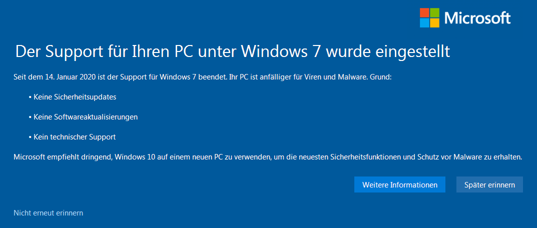 Der Support für Ihren PC unter Windows 7 wurde eingestellt
